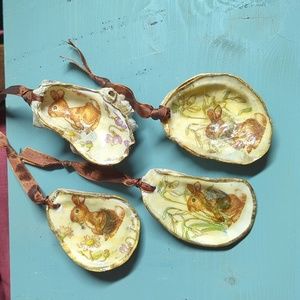 handcrafted Decoupaged Easter bunnies on Oyster Shells bundle of 4